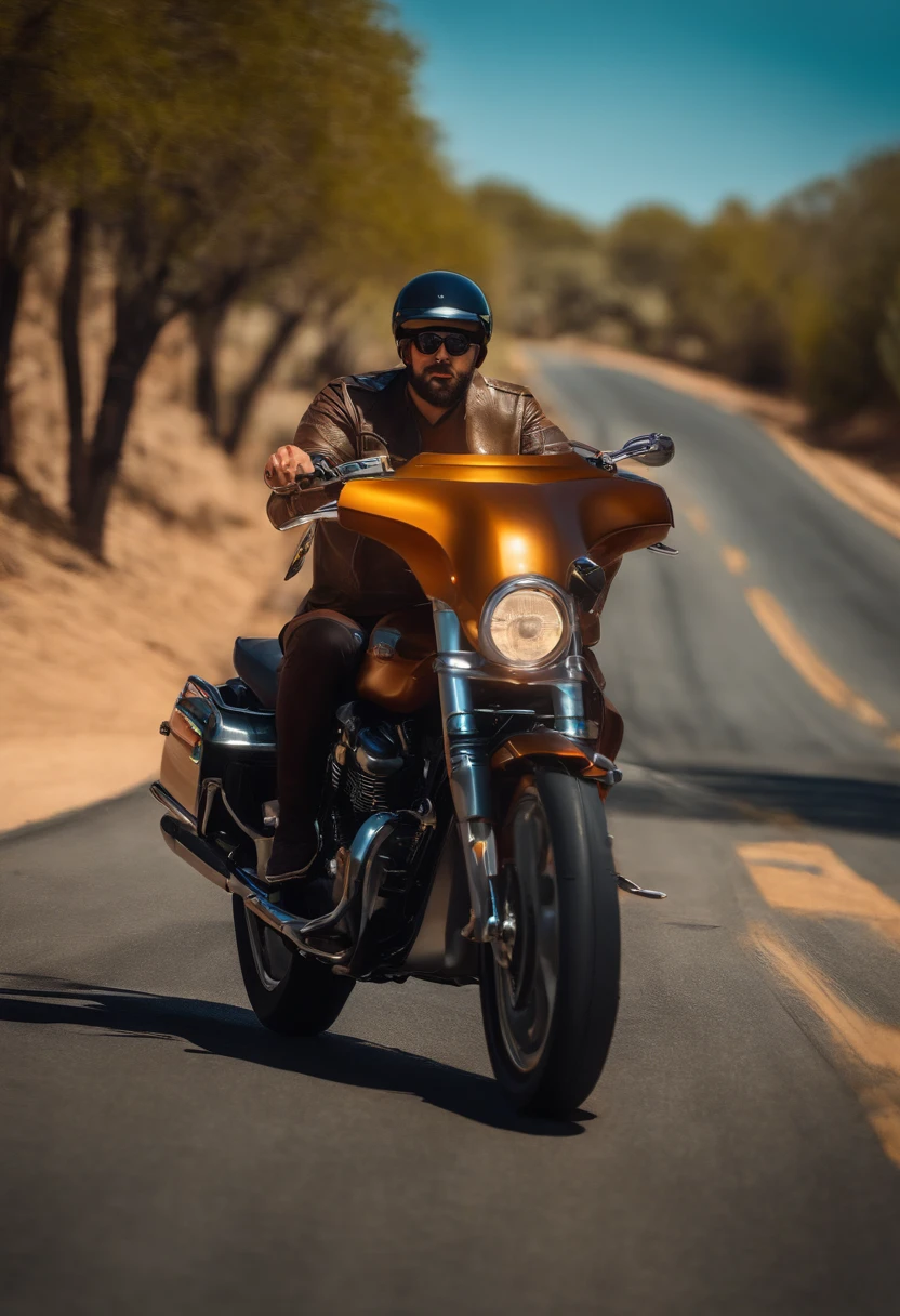 criar desenho 3D, realista, tipo PIXAR de um homem, motociclista, pele morena, cabelos curtos, barba cerrada, magro, alto, Wearing sunglasses, pilotando sua moto custom por estradas em meio a florestas e cachoeiras.
