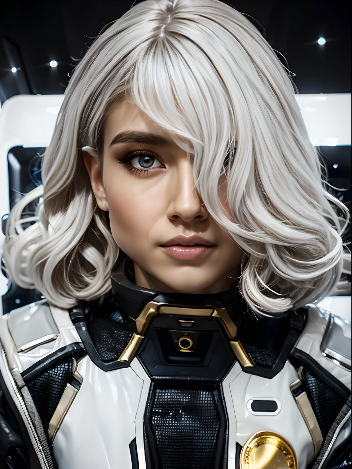 1girl with ,golden white hair,Grey eyes,beauty, black spacesuit