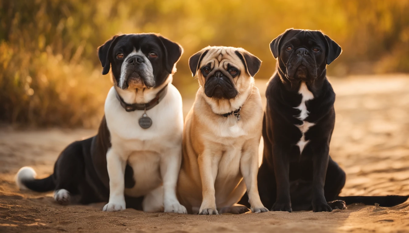 Take a photo with 4 cats, 1 beagle dog and 1 pug dog in Sunny Beach in realistic style
