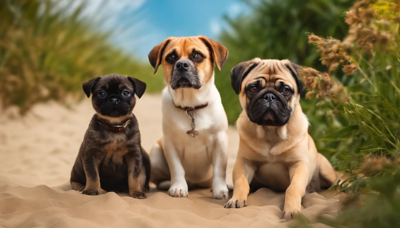 Take a photo with 4 cats, 1 beagle dog and 1 pug dog in Sunny Beach in realistic style