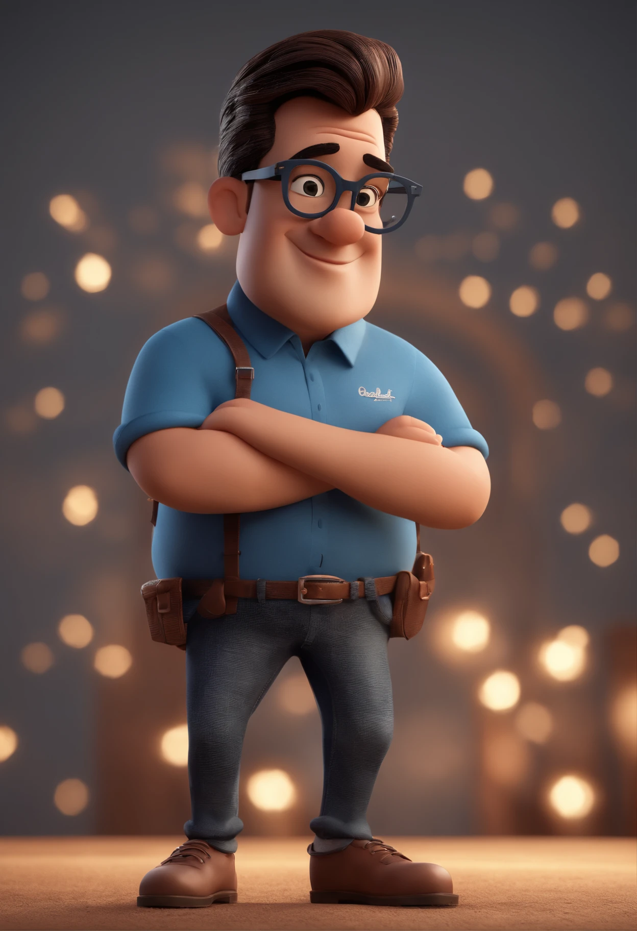 Cartoon character of a man with black glasses and a blue shirt, animation character, Caractere estilizado, animation style rendering, 3D estilizado, Arnold Maya render, 3 d render stylized, toon render keyshot, Personagem 3D, Personagem 3D, 3d rendering stylized, 3 d character render, personagem de desenho animado, Personagem de close up, Pose de personagem, (Estilo Pixar) (master part:1.2) (Bokeh) (best quality) (pele detalhada) (textura detalhada) (8k) (argila) (Cinematic lighting) (foco nítido