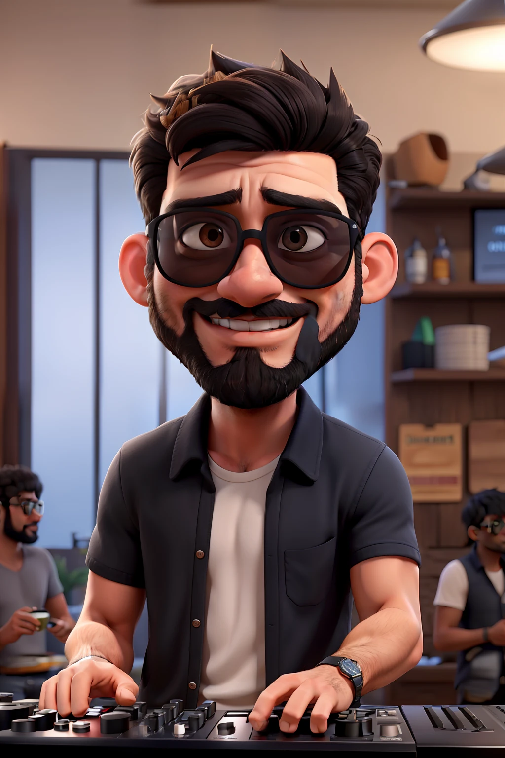 Short bearded black haired man in sunglasses Dj at party