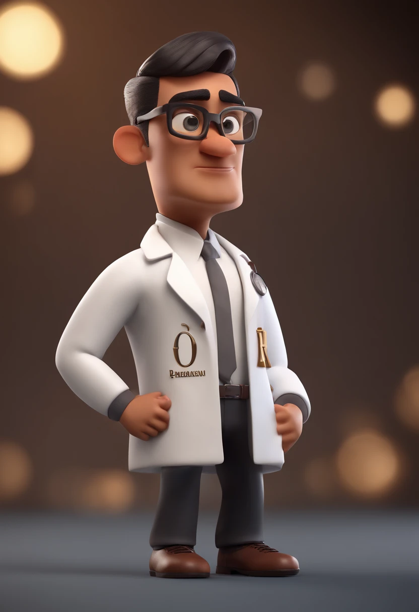 Cartoon character of a man with square black glasses and a white lab coat with pharmacy symbol, mulatto skin tone, very short hair, animation character, Caractere estilizado, animation style rendering, 3D estilizado, Arnold Maya render, 3 d render stylized, toon render keyshot, Personagem 3D, Personagem 3D, 3d rendering stylized, 3 d character render, personagem de desenho animado, Personagem de close up, Pose de personagem, (Estilo Pixar) (master part:1.2) (Bokeh) (best quality) (pele detalhada) (textura detalhada) (8k) (argila) (Cinematic lighting) (foco nítido