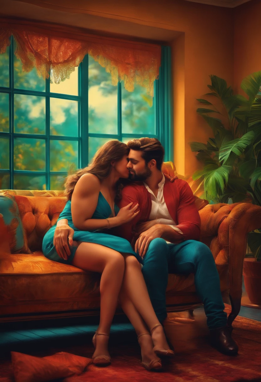 A couple of lovers hugging on the sofa in the living room