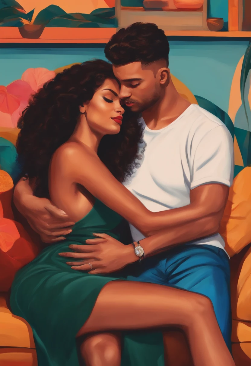 A couple of lovers hugging on the sofa in the living room