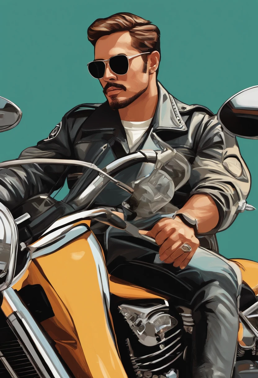 criar desenho, tipo PIXAR de um homem, motociclista, pele morena, cabelos curtos, barba cerrada, magro, alto, Wearing sunglasses, pilotando sua moto custom por estradas em meio a florestas e cachoeiras.