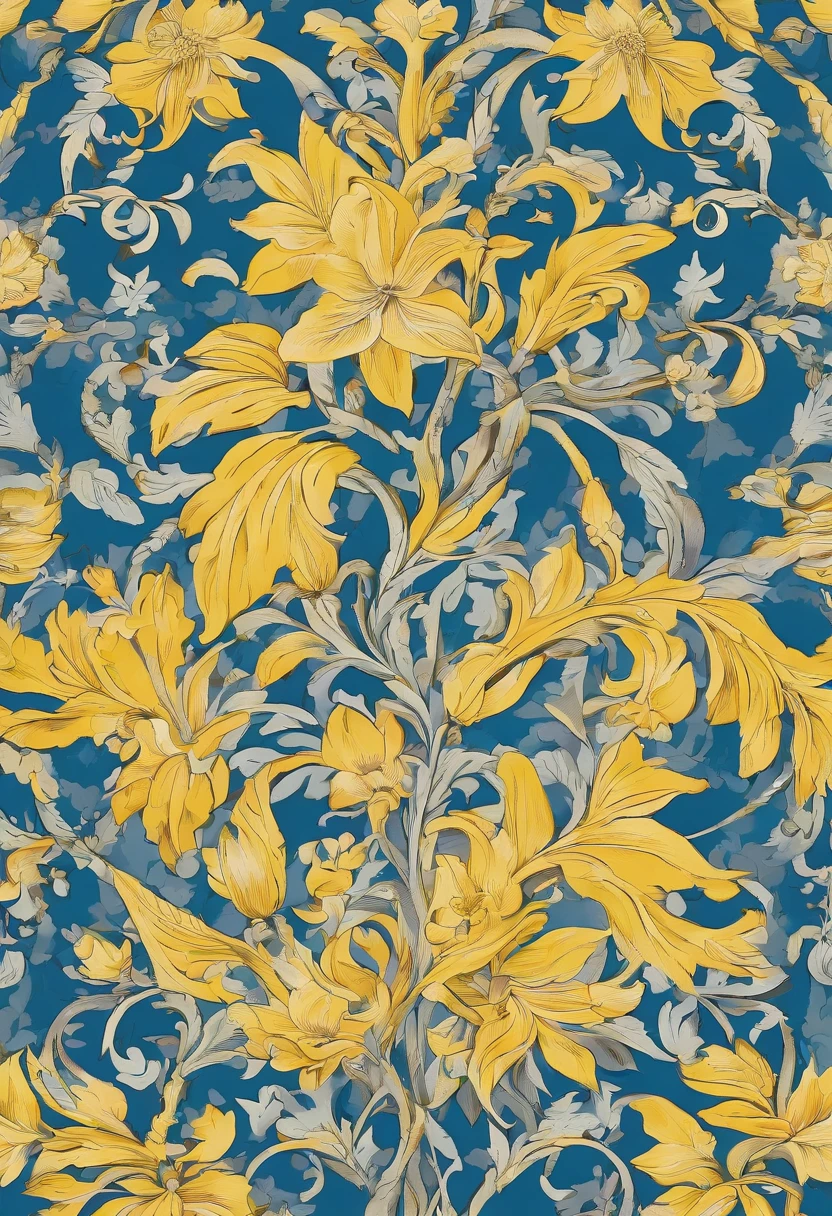 Motif de fleur ylang-ylang avec 4 pétales seulement jaune avec des fleurs de jasmin autour de la fleur ylang-ylang sur un tissus bleu, motif ressemblant à un motif de vêtements indien mais original ressemble à un motif pour une jellaba orientale. Tissus de Mayotte, la fleur ylang-ylang n'es pas imposante sur le motif