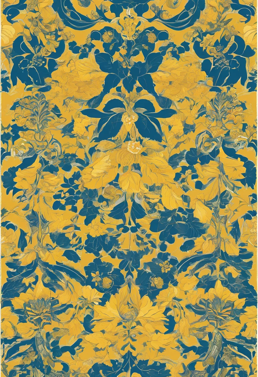 Motif de fleur ylang-ylang avec 4 pétales seulement jaune avec des fleurs de jasmin autour de la fleur ylang-ylang sur un tissus bleu, motif ressemblant à un motif de vêtements indien mais original ressemble à un motif pour une jellaba orientale. Tissus de Mayotte, la fleur ylang-ylang n'es pas imposante sur le motif