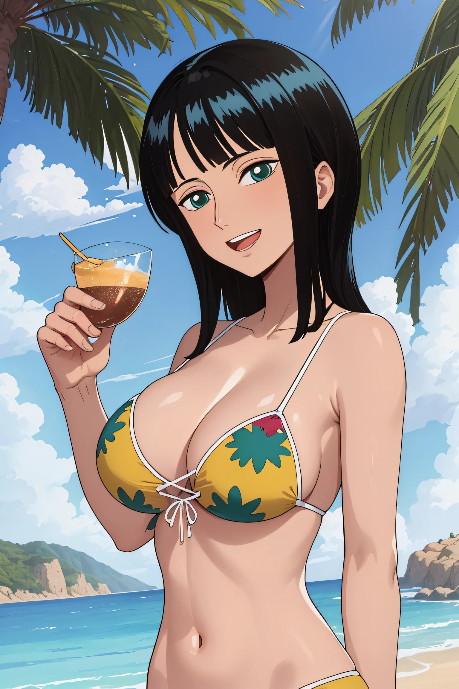 (Obra maestra),La mejor calidad,asombroso,Detalle fino.Profundidad de campo,hermosos ojos detallados, Nico Robin, 1girl,hembra madura,feliz,sonrisa ligera, bikini, barriga, breasts
