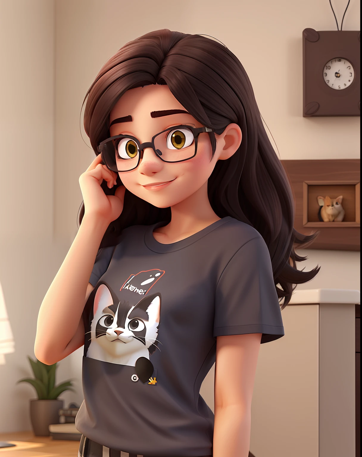 Beautiful woman, 21 anos, cabelo preto liso, olhos castanhos escuros, glasses, vestindo uma camiseta com um gato desenhado nela