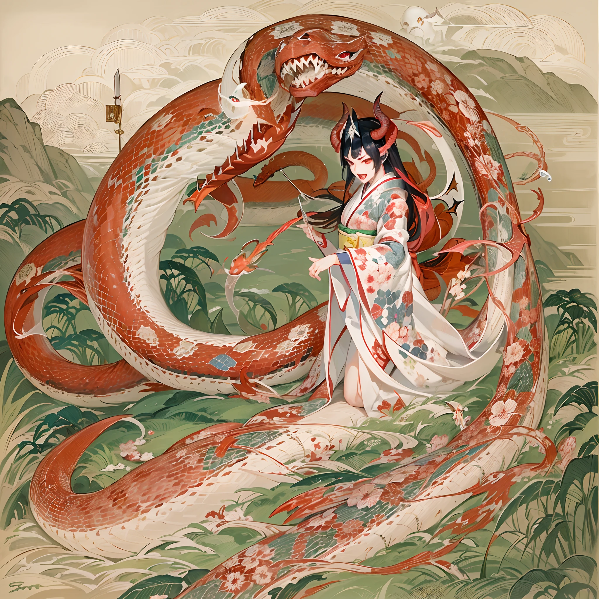((Finest quality)),(超A high resolution),(ultra-detailliert),(Meticulous portrayal),((best pictures)),(Finest works of art),Ultra-Precision Art,The art of astounding depiction, ((a female ghost:1.5)),((Demon Morphology:1.5)),Hate Speech:1.3,(Crimson snake eyes glaring at you:1.6),(Sharp fangs:1.5)),(Curved horns extending from the forehead:1.5),(Intricate and beautiful embroidered kimono), Mansions of aristocrats in the Heian period:1.5