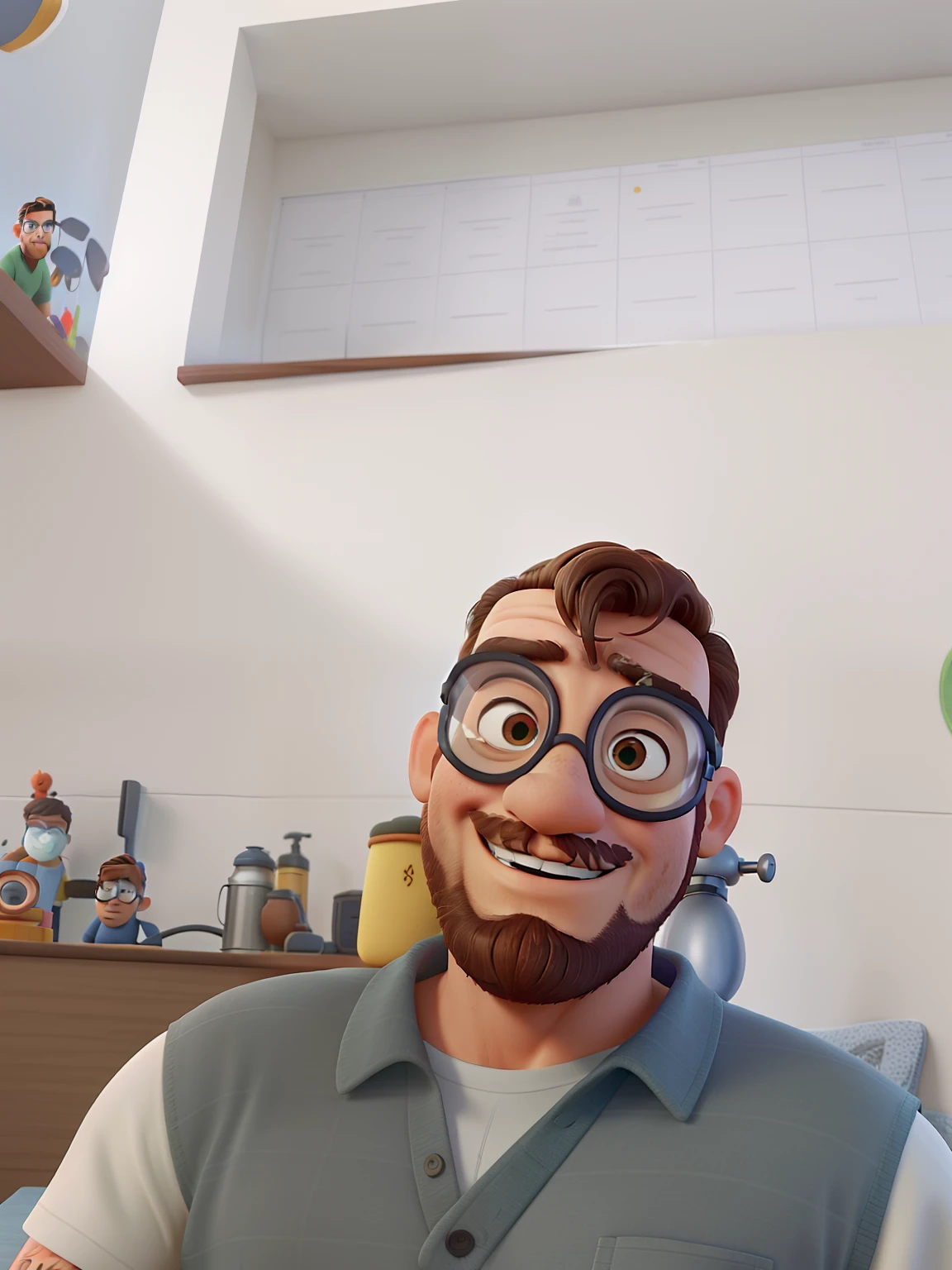 homem moreno 50 anos barba curta grisalha, cabelos grisalhos, Sobrancelhas Grossas, wearing goggles, Pixar Style Poster
