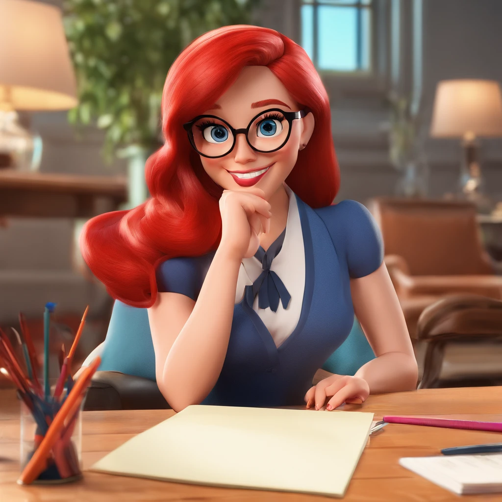 Crie um cartaz inspirado na Disney Pixar  com  uma mulher de vestido  apertado com decote,Redhead in secretary style glasses in red outfit with pen in mouth,sentada sobre a mesa,pernas cruzadas