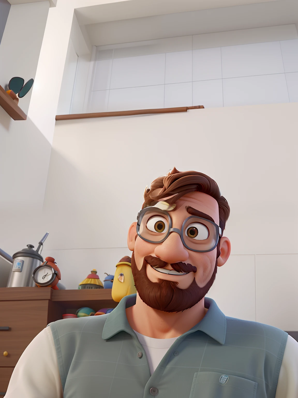 homem moreno 50 anos barba curta grisalha, cabelos grisalhos, Sobrancelhas Grossas, wearing goggles, Pixar Style Poster