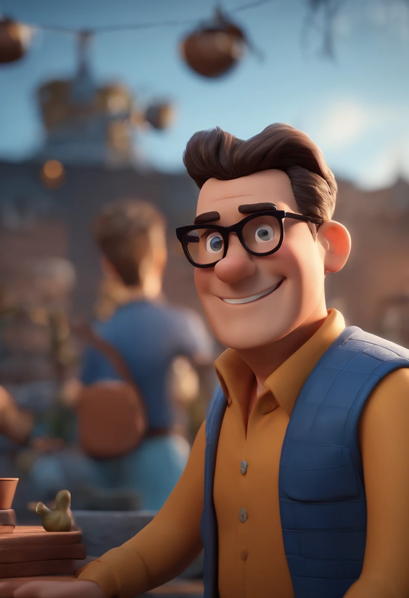 Cartoon character of a man with black glasses and a blue shirt, animation character, Caractere estilizado, animation style rendering, 3D estilizado, Arnold Maya render, 3 d render stylized, toon render keyshot, Personagem 3D, Personagem 3D, 3d rendering stylized, 3 d character render, personagem de desenho animado, Personagem de close up, Pose de personagem,  (Estilo Pixar) (master part:1.2) (Bokeh) (best quality) (pele detalhada) (textura detalhada) (8k) (argila) (Cinematic lighting) (foco nítido
