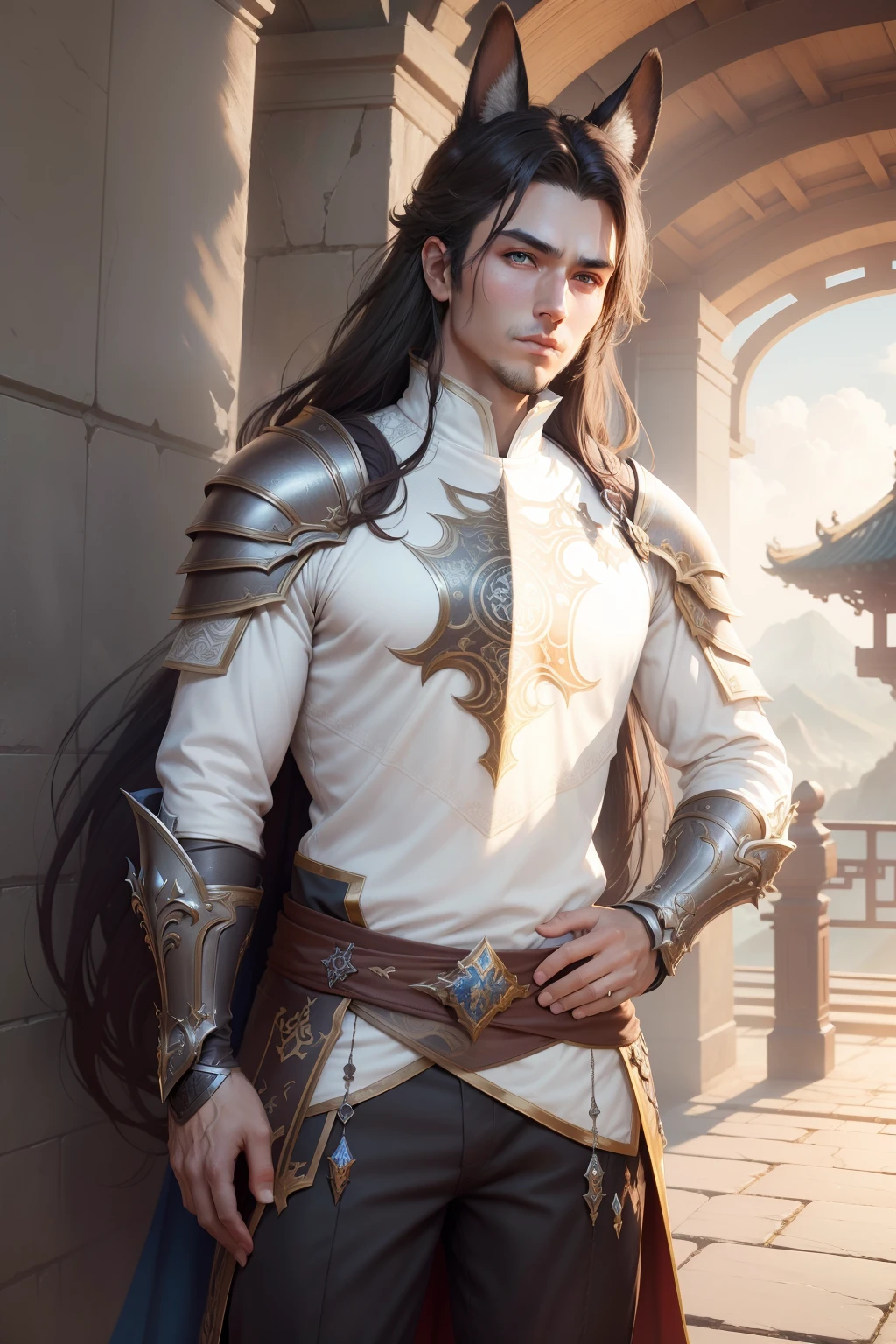 ((masterpiece)), (8k, high_resolution), (best quality), (big eyes), bunny ears, open eyes, brown eyes, standing pose, beautiful eyes, detailed eyes, dark hair, fantasy man, (man), male, ultra-detailed, looking at camera, old chinese architecture background, fantasy art, (fantasy game character), front view, official artwork, (wearing silver armor), cinematic lighting, details, detailed armor, mmo, mmorpg, lineage 2, (looks at camera)