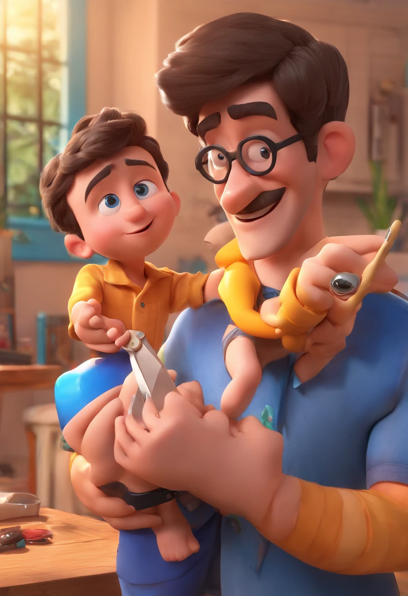 Estilo Pixar: The grown man is holding a naked blue-eyed boy and in his other hand he is holding a pair of scissors and is trying to cut off the boy's testicles,3D Poster,Disney
