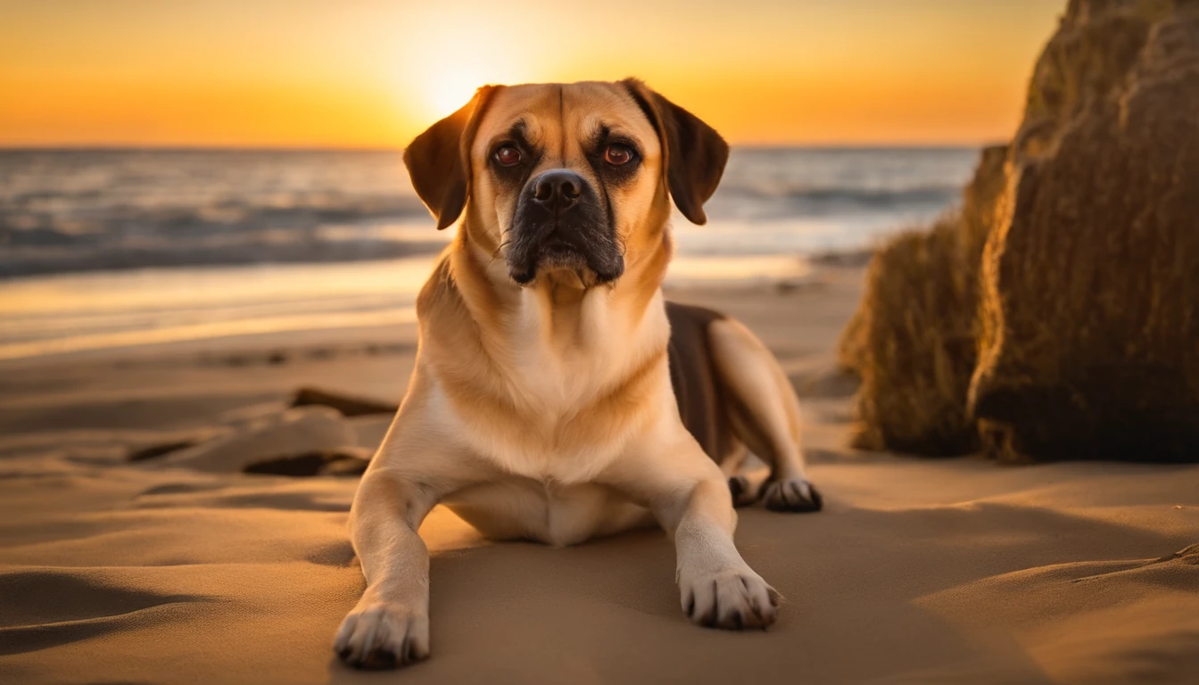 Take a photo with [(1 beagle dog) e (1 pug dog)] em Sunny Beach em estilo realista