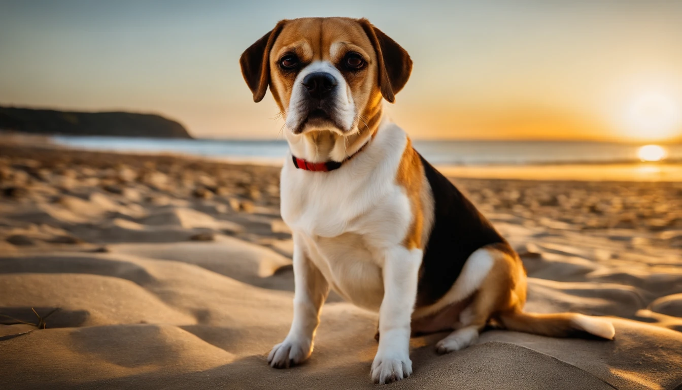 Take a photo with [(1 beagle dog) e (1 pug dog)] em Sunny Beach em estilo realista