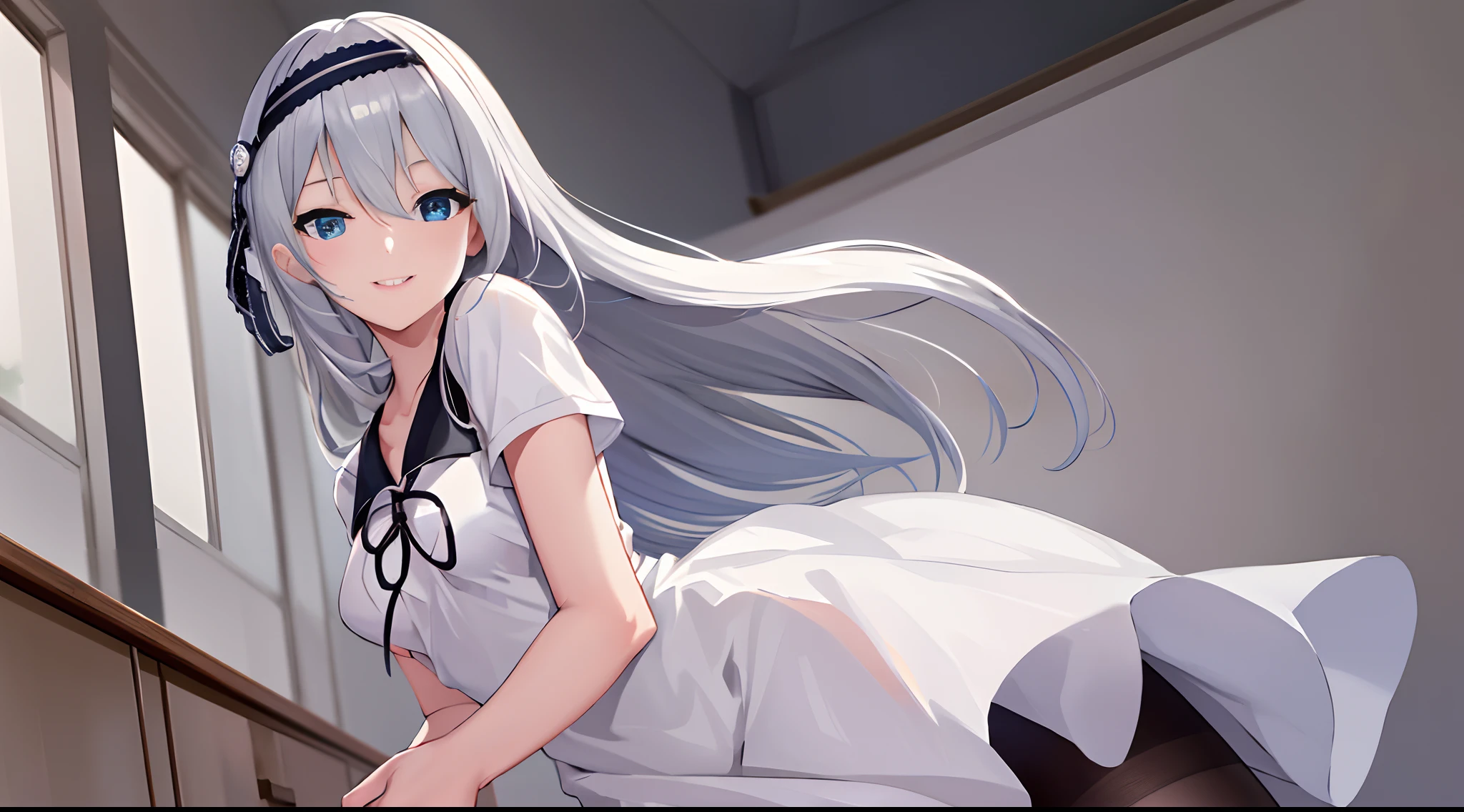 masterpiece,best quality, highres, kei1, 1girl, solo, blue eyes, long hair, white dress, short sleeves, ribbon, bangs, collarbone, grey hair, white skirt, black hairband, black pantyhose, neck ribbon, hair between eyes, medium breasts, sailor collar, cowboy shot, classroom, smile,