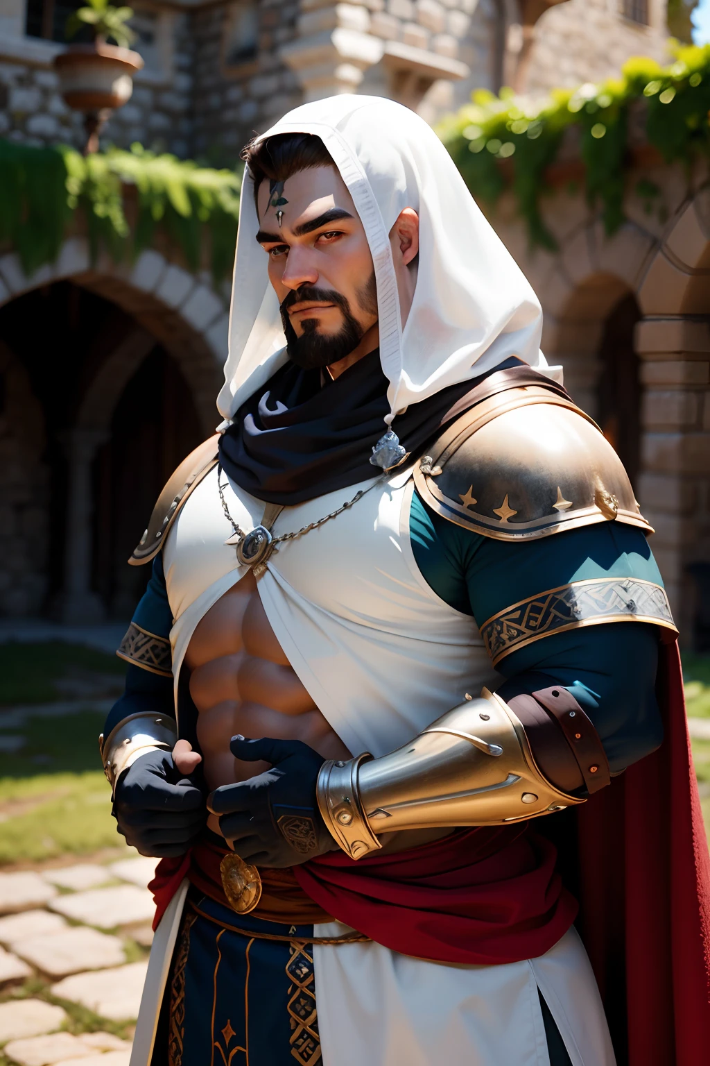 Obra-prima, de melhor qualidade, um paladino medieval, grande e forte gordinho, corte de cabelo fade, bigode, olhos castanhos, sombrancelha um pouco grossa, olhar desafiador, vestindo uma armadura dourada, em frente um castelo :: natural lightting :: bokeh :: 8k :: melhor qualidade :: obra-prima "