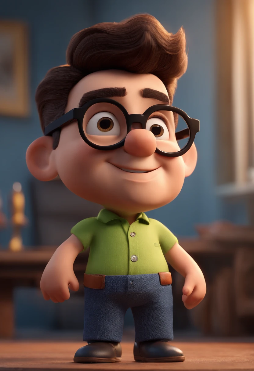Cartoon character of a man with black glasses and a blue shirt, animation character, Caractere estilizado, animation style rendering, 3D estilizado, Arnold Maya render, 3 d render stylized, toon render keyshot, Personagem 3D, Personagem 3D, 3d rendering stylized, 3 d character render, personagem de desenho animado, Personagem de close up, Pose de personagem,  (Estilo Pixar) (master part:1.2) (Bokeh) (best quality) (pele detalhada) (textura detalhada) (8k) (argila) (Cinematic lighting) (foco nítido
