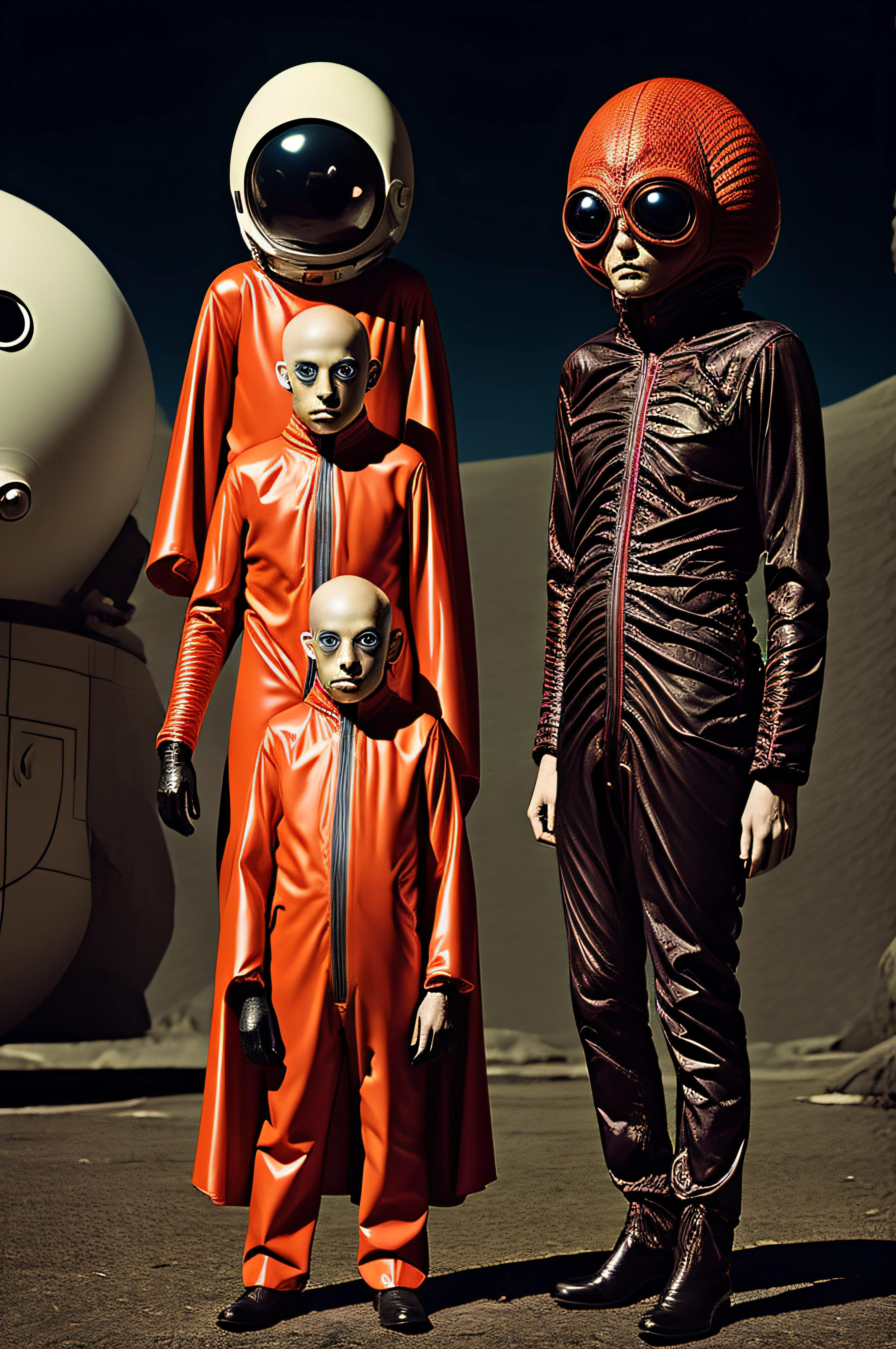 a man in a costume standing in front of a giant object , solo, looking at viewer, red eyes, 1boy, male focus, cape, colored sclera, science fiction, realistic, retro artstyle, bald, alien, spacesuit