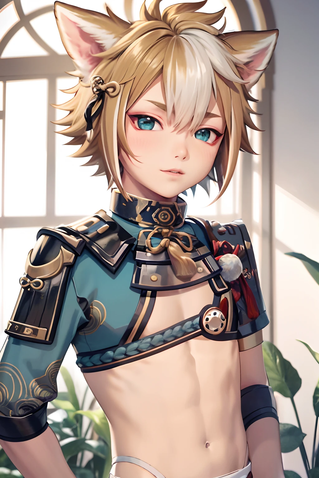 gorou (genshin impact),**********, 1boy, male focus, animal ears, solo, multicolored hair, brown hair, dog boy, white hair, tassel, dog ears, armor, upper body, streaked hair, bangs,NSFW,small