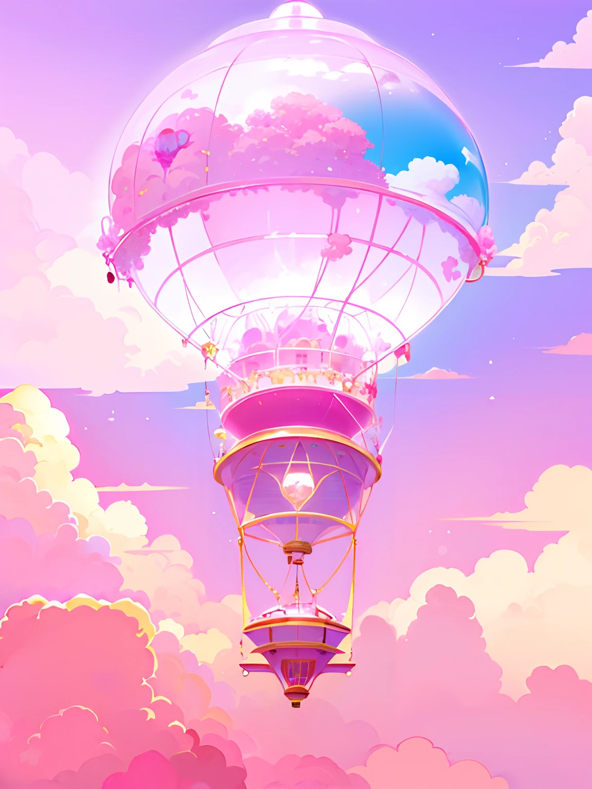 There is a pink hot air balloon，There is a teddy bear inside, fluffy pink anime clouds, as an air balloon, heaven pink, kawaii aesthetic, animeaesthetic, cotton candy, animeaesthetic, made of cotton candy, very magical and dreamy, dreamy aesthetic, dreamlike illustration, Cute detailed digital art, the sky is pink, anime backgrounds, dreamy psychedelic anime