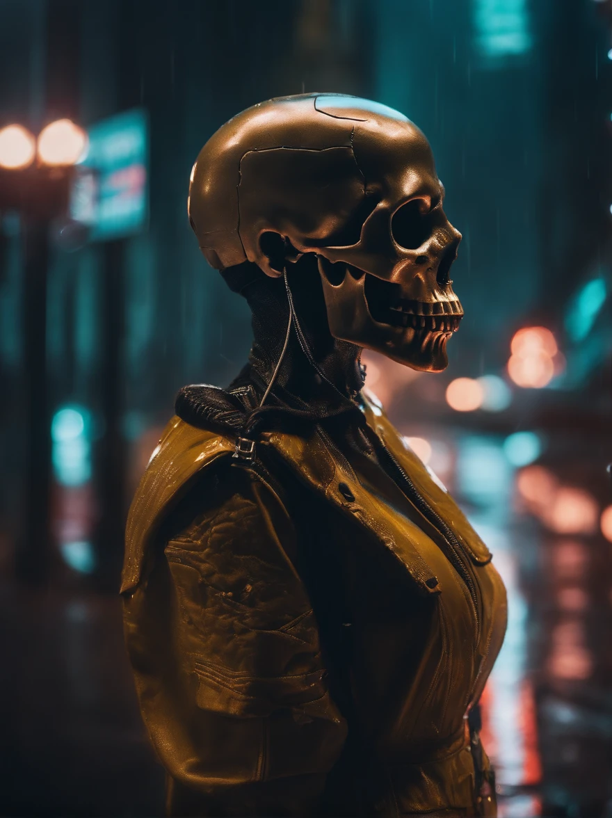Cyberpunk, neon, high details skull, rain