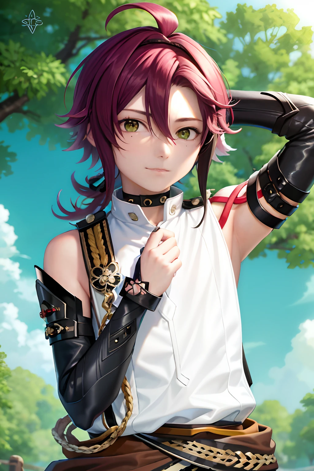 masterpiece, best quality,Shikanoin Heizou (genshin impact), 1boy, male focus, kurokote, green eyes, kote, multicolored hair, mole under eye, red hair, solo, mole, black choker, japanese armor, looking at viewer, choker, armor, streaked hair, aiguillette, sleeveless, ahoge, long hair, low ponytail,(kbxll:0.6)