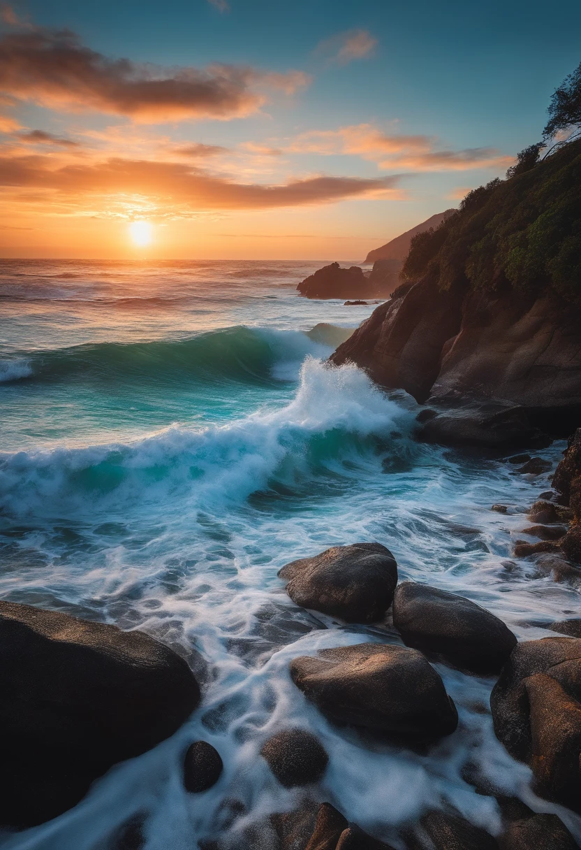 Uma praia meio dia, ensolarado, ondas no mar, estilo anime