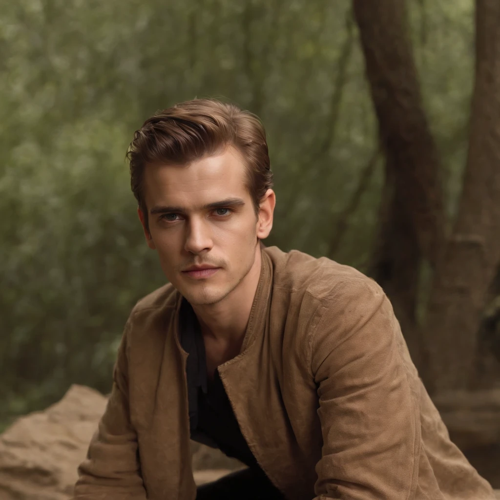 ((Hayden Christensen)) Retrato de rango medio de un hiperdetallado al estilo de un Gran Maestro Jedi de Star Wars al estilo de Mark Demsteader, Personaje Jedi, high-angle shot (agradable:1.3) thoughtful expression, (Uso de un sable de luz:1.3), Cinematics filmed on ultra-realistic Canon 5D leather, (Entorno altamente detallado:1.3), high-angle shot, Extreme dynamic action poses