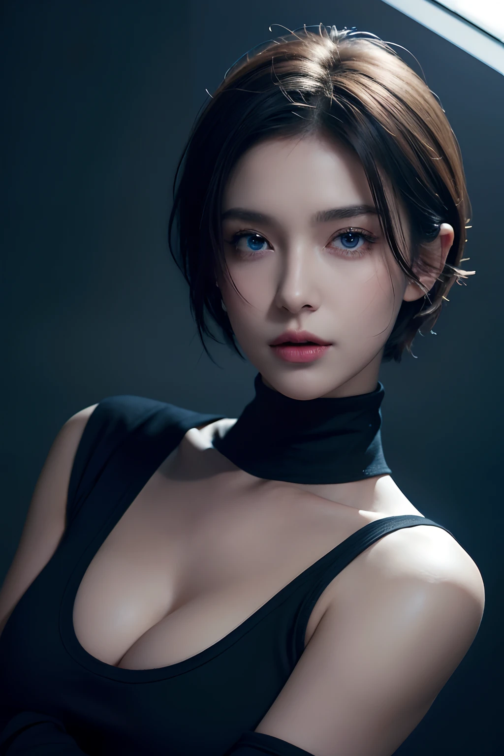 short hair, skintight black top, ((looking at viewer)), cinematic lighting, perfect, soft lights, high resolution skin:1.2, realistic skin texture, realistic face,  lean girl,  headphones:1.2,  off shoulder, Exposed cleavage, blue Eyes, big boob, upper body,