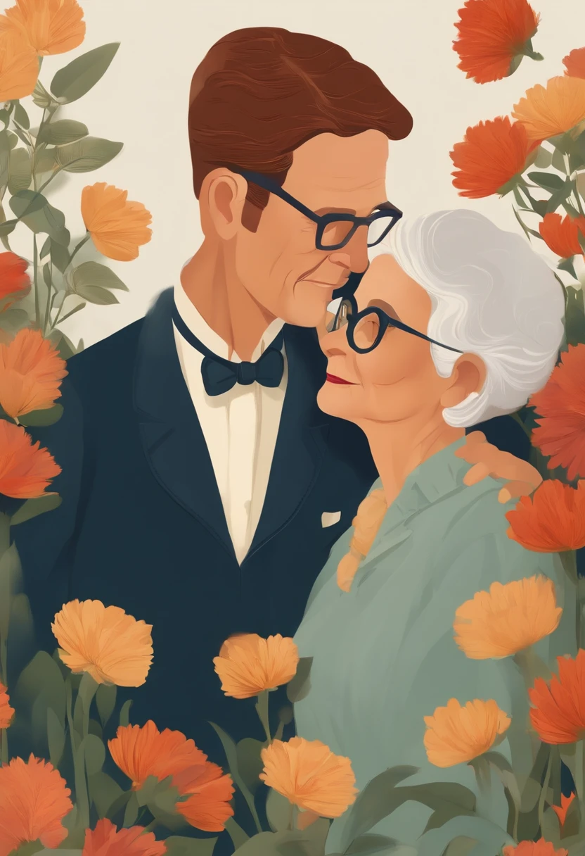 Old lady with short reddish hair wearing glasses along with an old gentleman without glasses, careca, magro e rosto fino, com plano de fundo de flores