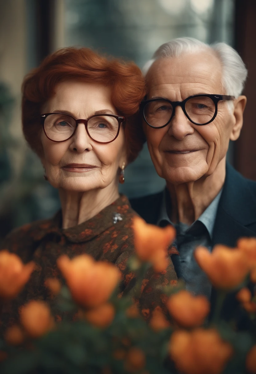 Old lady with short reddish hair wearing glasses along with an old gentleman without glasses, careca, magro e rosto fino, com plano de fundo de flores