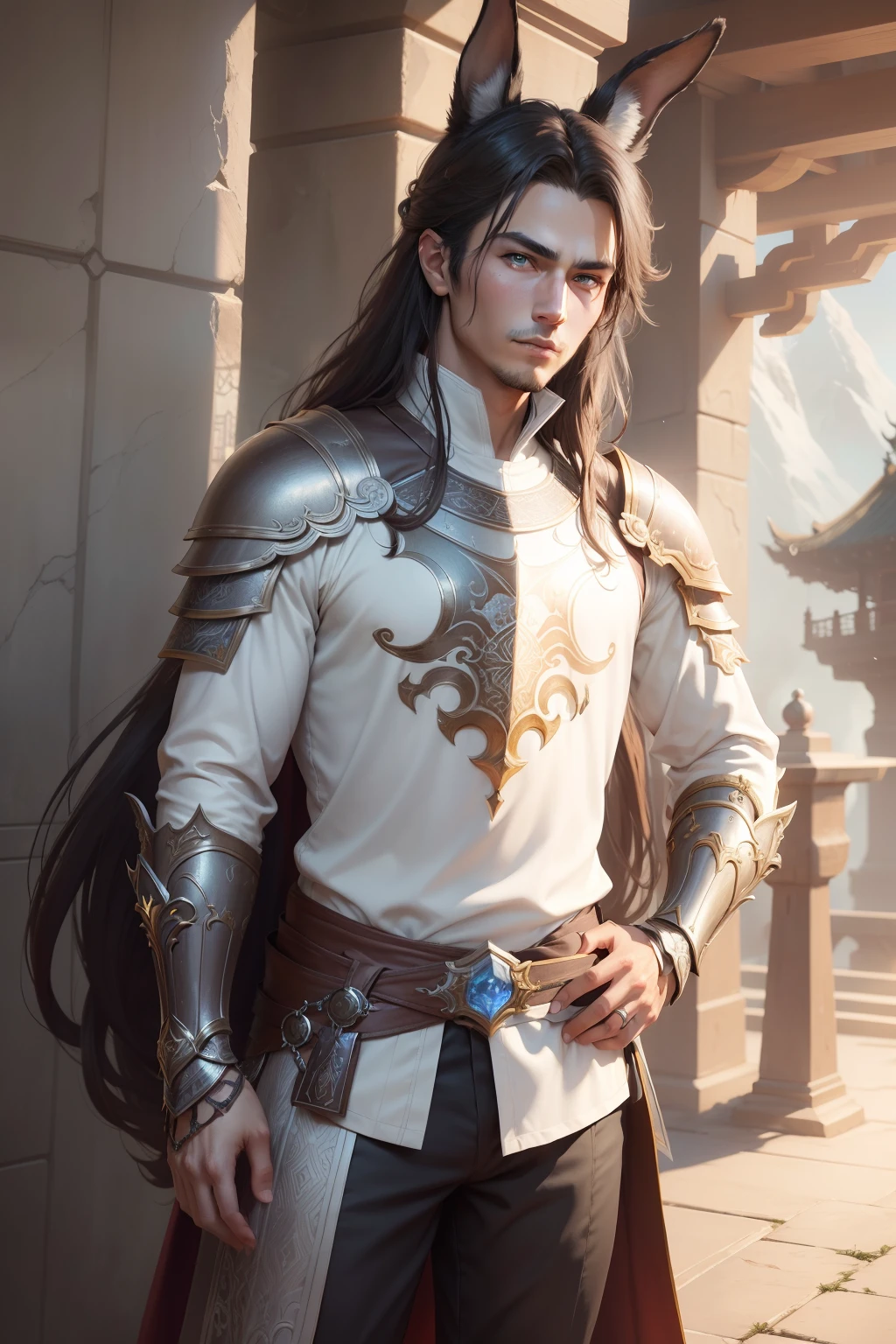 ((masterpiece)), (8k, high_resolution), (best quality), (big eyes), bunny ears, open eyes, brown eyes, standing pose, beautiful eyes, detailed eyes, dark hair, fantasy man, (man), male, ultra-detailed, looking at camera, old chinese architecture background, fantasy art, (fantasy game character), front view, official artwork, (wearing silver armor), cinematic lighting, details, detailed armor, mmo, mmorpg, lineage 2, (looks at camera)