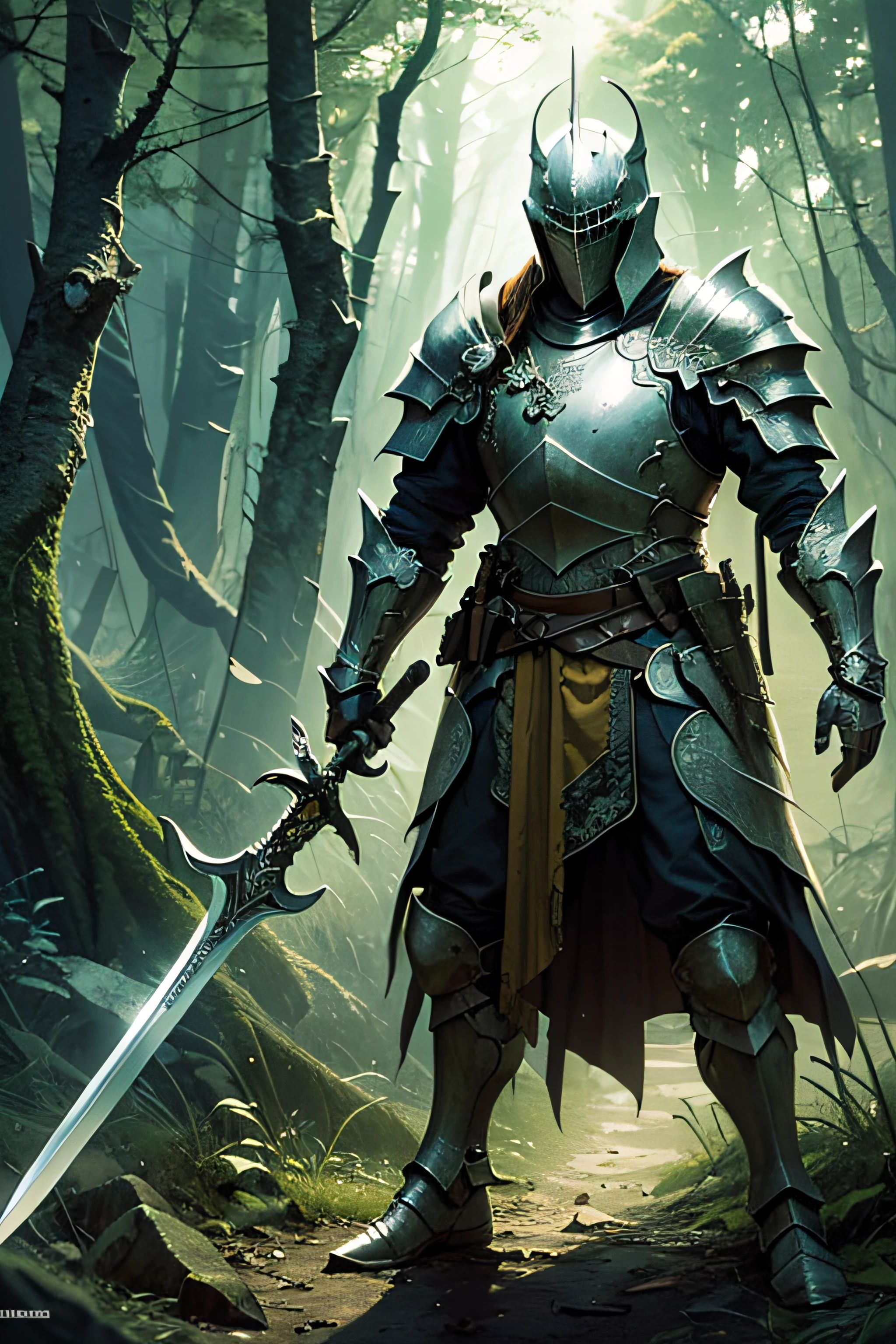Masterpiece, man standing in a dark forest, from others, knight's armor,holding sword, many details, dark fantasy -variation - --auto --s2