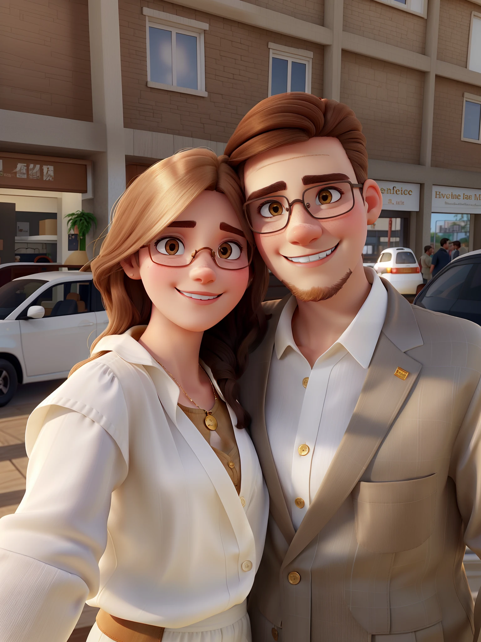 A white woman with golden skin and light brown hair wearing a white silk button-down blouse next to a brunette man with dark hair, cavanhaque e bigode usando um terno cinza-esverdeado. They're both smiling and hugging each other