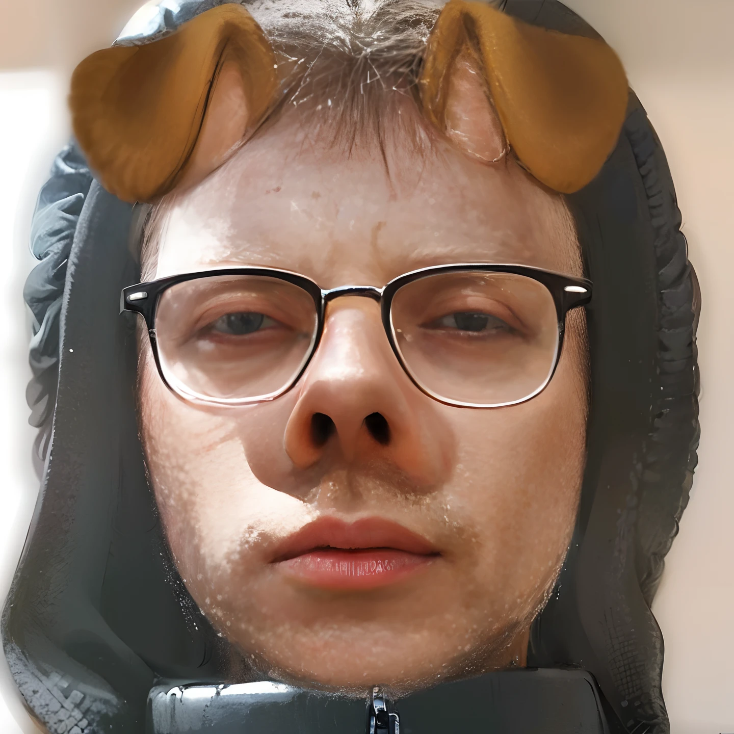 There's a young man with glasses and a dog's head on his head, filtro do instagram, foto do snapchat, arte digital, mas foto, fotorrealista granulado, face fotorrealista, Com filtros do Instagram, rosto foto-realista, adolescente hiperrealista, morphing dog head, sardas no rosto, (((Lucas Chueh))), inspirado em Caspar Wolf, manchado ultra realista
