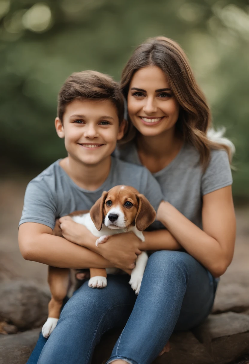 Pixar. Casal com um filhote de cachorro beagle marrom. A tem os cabelos pretos amarrados, Camiseta cinza e jeans claro. O meninobelos pretos com cabelos grisalhos, barba grande preta e grisalha , oculos, Dark blue jeans and gray t-shirt. They are both smiling: the boy is 40 years old and the girl is 30