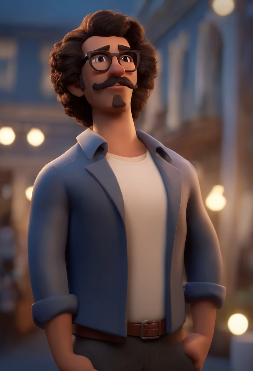 Personaje de dibujos animados de un hombre con gafas negras, dark brown curly hair and a blue shirt, animation character, stylized character, Rendering animation styles, 3D estilizado, Arnold Maya render, 3D render estilizado, Toon renderizar keyshot, Personaje 3D, Personaje 3D, Renderizado 3D estilizado, Renderizado de 3 caracteres D, Personaje de dibujos animados, Personaje de primer plano, Pose del personaje,  (estilo pixar) (Pieza maestra:1.2) (Bokeh) (La mejor calidad) (Piel detallada) (Textura detallada) (8k) (arcilla) (cinematic lighting) (foco nítido