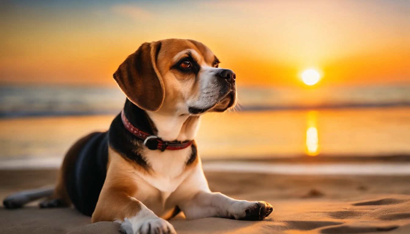 Take a photo with [(1 beagle dog) e (1 pug dog)] em Sunny Beach em estilo realista