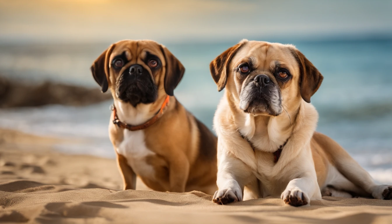 Take a photo with [(1 beagle dog) e (1 pug dog)] em Sunny Beach em estilo realista