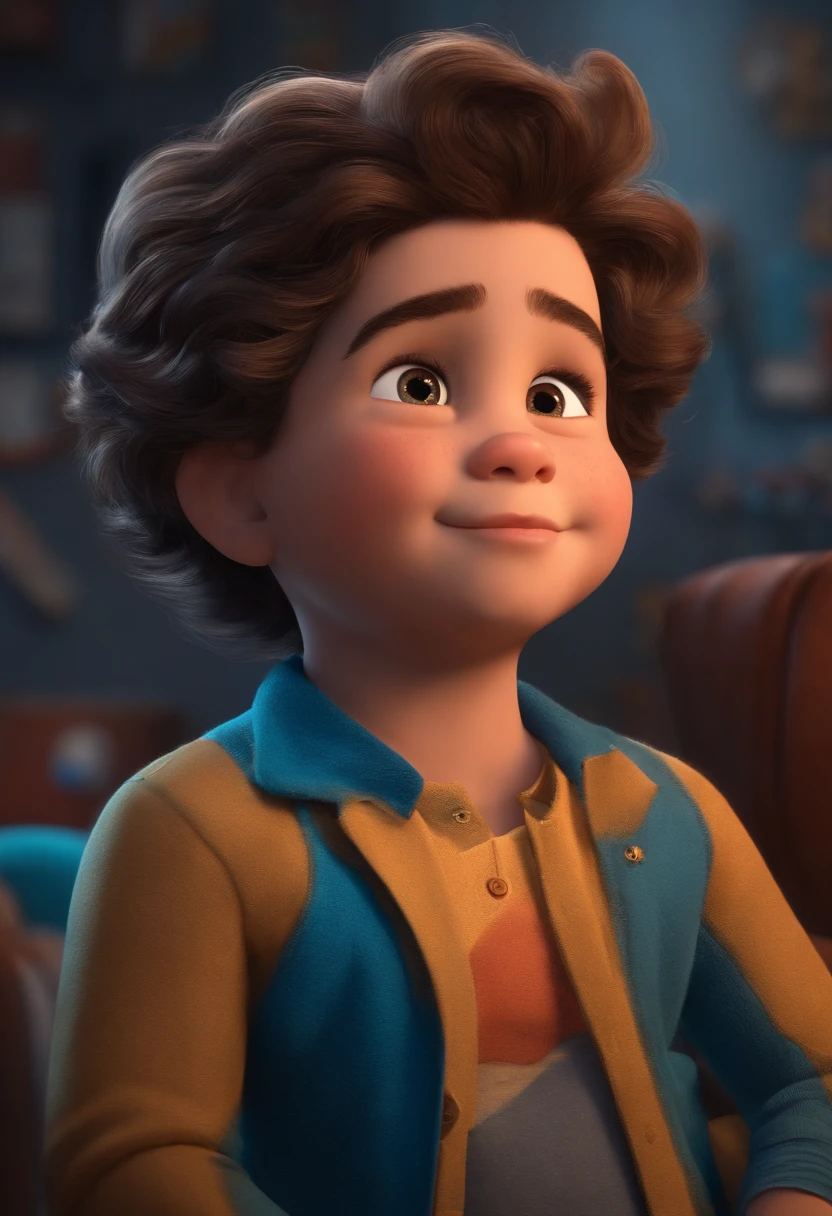 3 anos estilo desenho animado, Pixar, cabelo cacheado, segurando um Stichde pelucoa , roupa azul, sorrindo