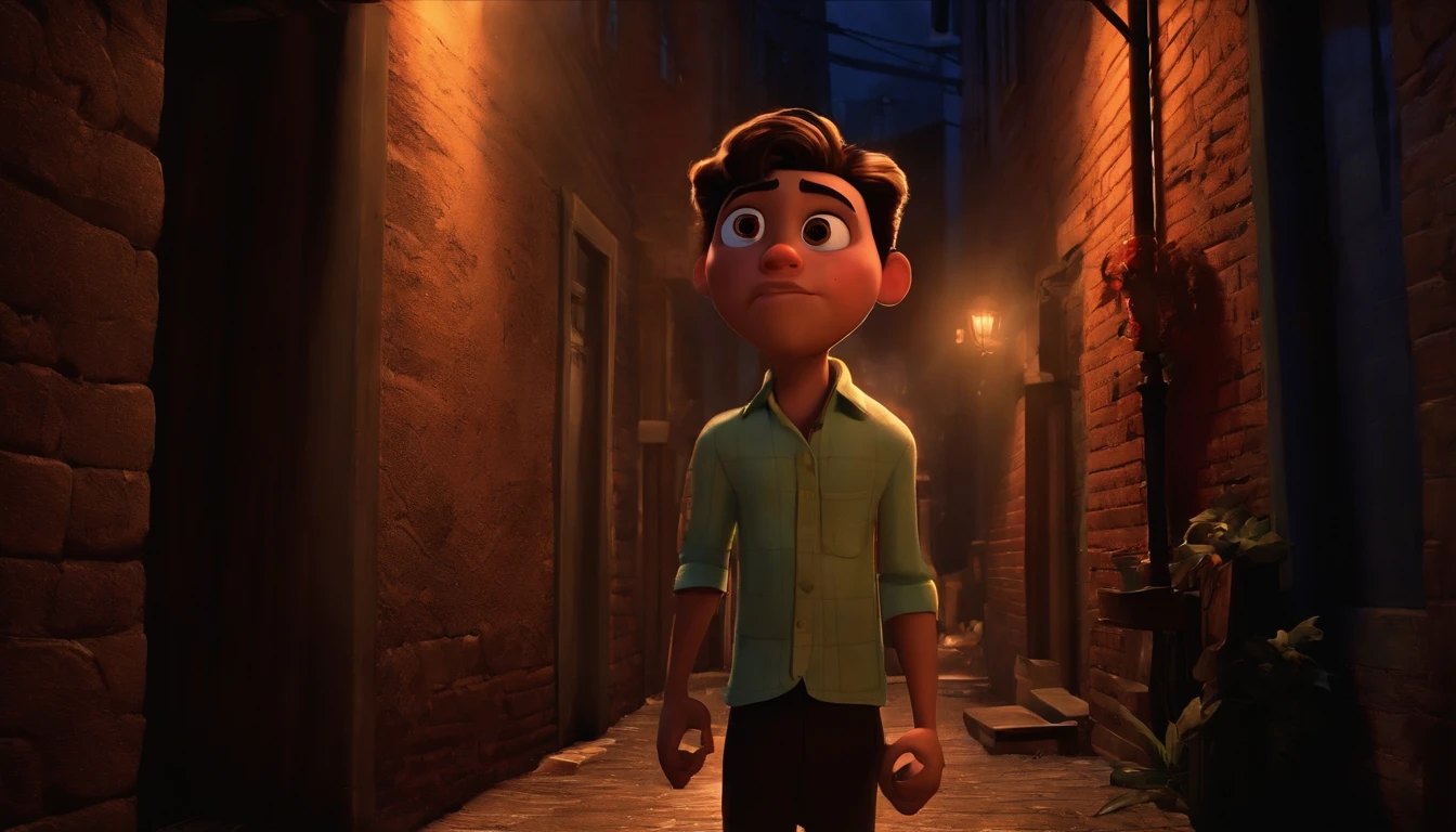 Create a graphic art of a young millionaire witnessing the murder of his parents by a criminal in a dark alley, in the style of Disney Pixar. The scene shows the young millionaire screaming and crying, while the criminal runs away. The scene ends with him swearing revenge