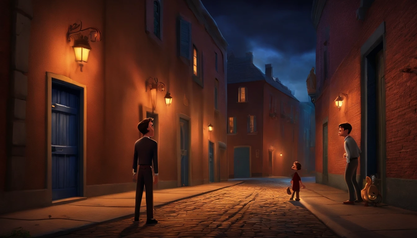 Create a graphic art of a young millionaire witnessing the murder of his parents by a criminal in a dark alley, in the style of Disney Pixar. The scene shows the young millionaire screaming and crying, while the criminal runs away. The scene ends with him swearing revenge