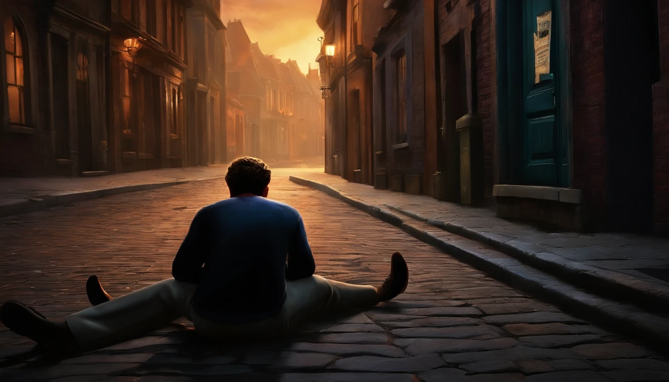 Create a graphic art of a young millionaire witnessing the murder of his parents by a criminal in a dark alley, in the style of Disney Pixar. The scene shows the young millionaire screaming and crying, while the criminal runs away. The scene ends with him swearing revenge