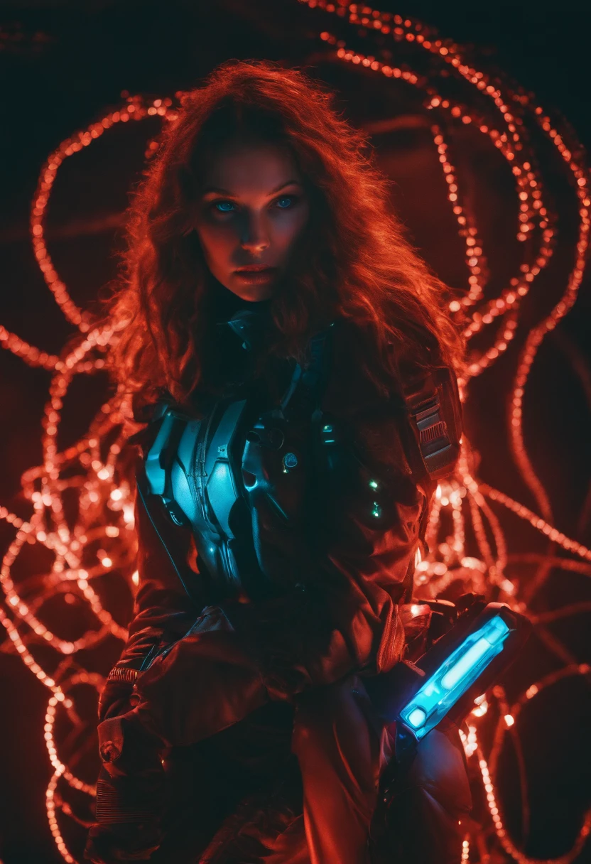 (grainy:0.5), cinematic,girl, space, serious, detailed eyes, detailed face, detailed futuristic clothes, lights in clothes, (aiming gun:1.1), (hiding:1.1), (squatting, looking to side:1.1), volumetric lighting, isolation, horror, dark lighting, red bioluminescent details, green bioluminescent details, blue bioluminescent details