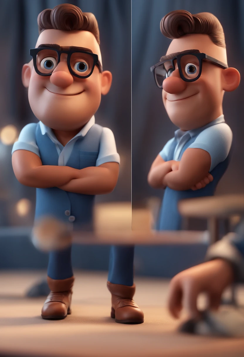 Cartoon character of a man with black glasses and a blue shirt, animation character, Caractere estilizado, animation style rendering, 3D estilizado, Arnold Maya render, 3 d render stylized, toon render keyshot, Personagem 3D, Personagem 3D, 3d rendering stylized, 3 d character render, personagem de desenho animado, Personagem de close up, Pose de personagem,  (Estilo Pixar) (master part:1.2) (Bokeh) (best quality) (pele detalhada) (textura detalhada) (8k) (argila) (Cinematic lighting) (foco nítido